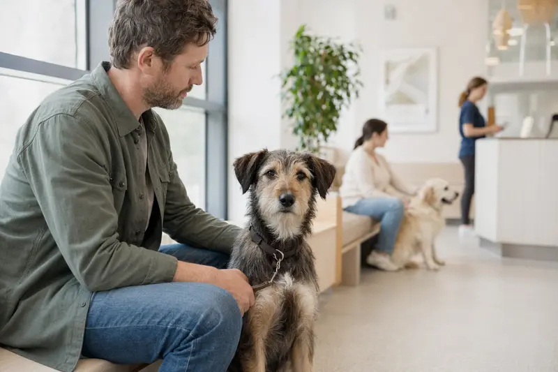 Ein Plummer Terrier sitzt ruhig neben seinem Besitzer im hellen Wartezimmer einer modernen Tierarztpraxis.